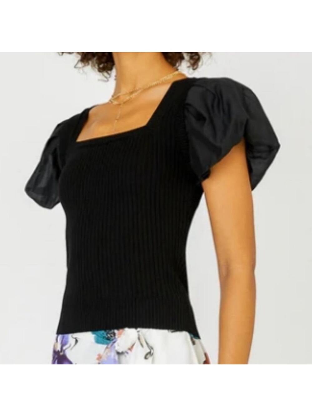 Current Air Black Contrast Puff Sleeve Sweater Top